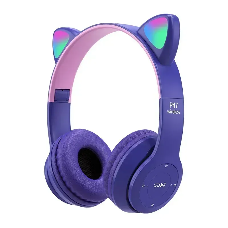 47M Wireless Game Headphone Flash Light Cute Cat Ears Gaming With Mic Control LED Stereo Music Phone Bluetooth Headset_voghion.com
