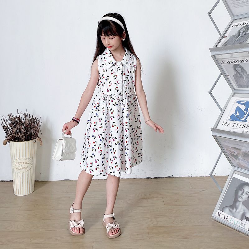 Mutter & Kinder Neue kinder Kleid Sommer Kleid Für Mädchen Mit Kleine Kirsche Stehkragen Ärmelloses Rock Reine Baumwolle baby Rock_voghion.com
