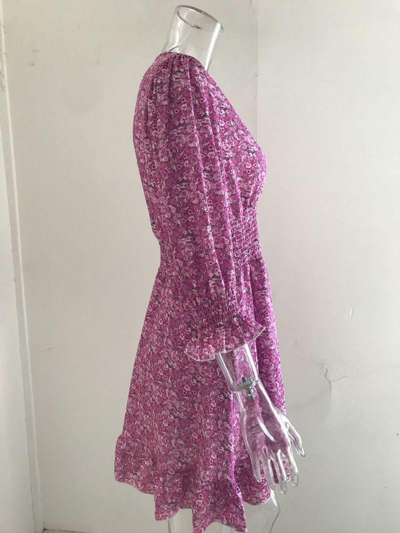 Damenbekleidung Mittellanges Kleid mit Taillenpullover, böhmisches, bedrucktes, kurzärmliges, fragmentiertes Blumenkleid_voghion.com