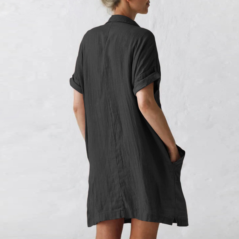 Nuovo abito camicia tascabile irregolare a maniche lunghe in canapa di cotone_voghion.com