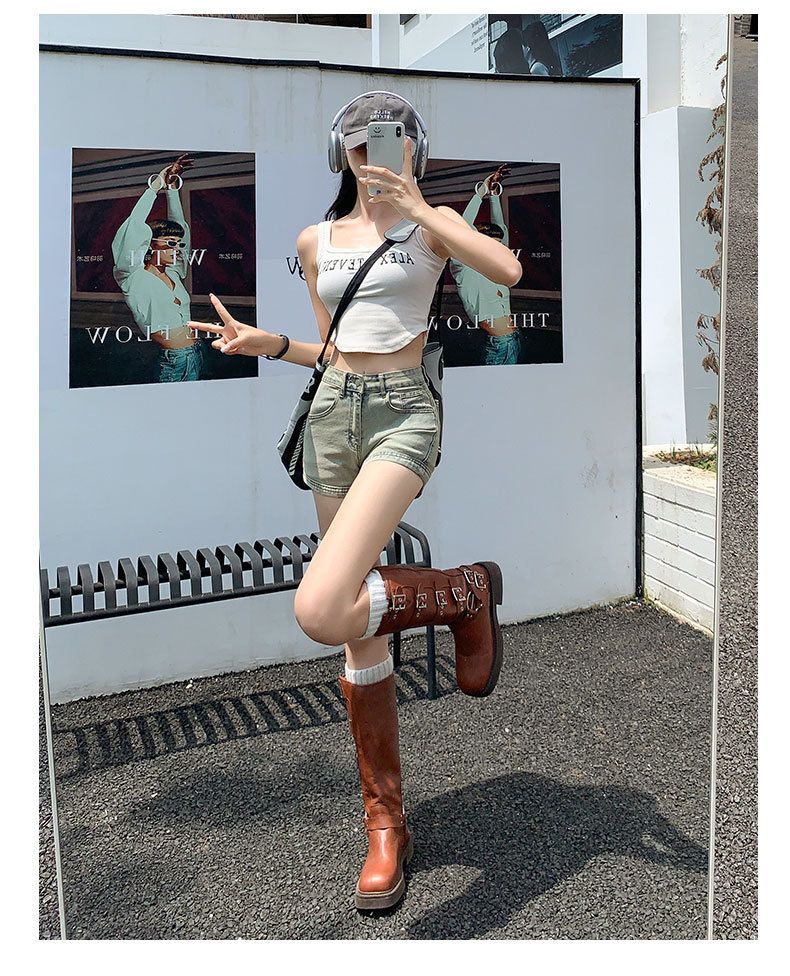 Dámské letní džínové kraťasy z bláta, s vysokým pasem a úzkým střihem, s elastickými kapsami a zipem, vhodné na Instagram_voghion.com