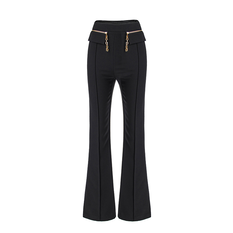Pantalon à jambes larges pour femmes, Style de travail, Style de déplacement, chaîne noire, décoration drapée, tempérament, pantalons décontractés, une pièce, tendance_voghion.com