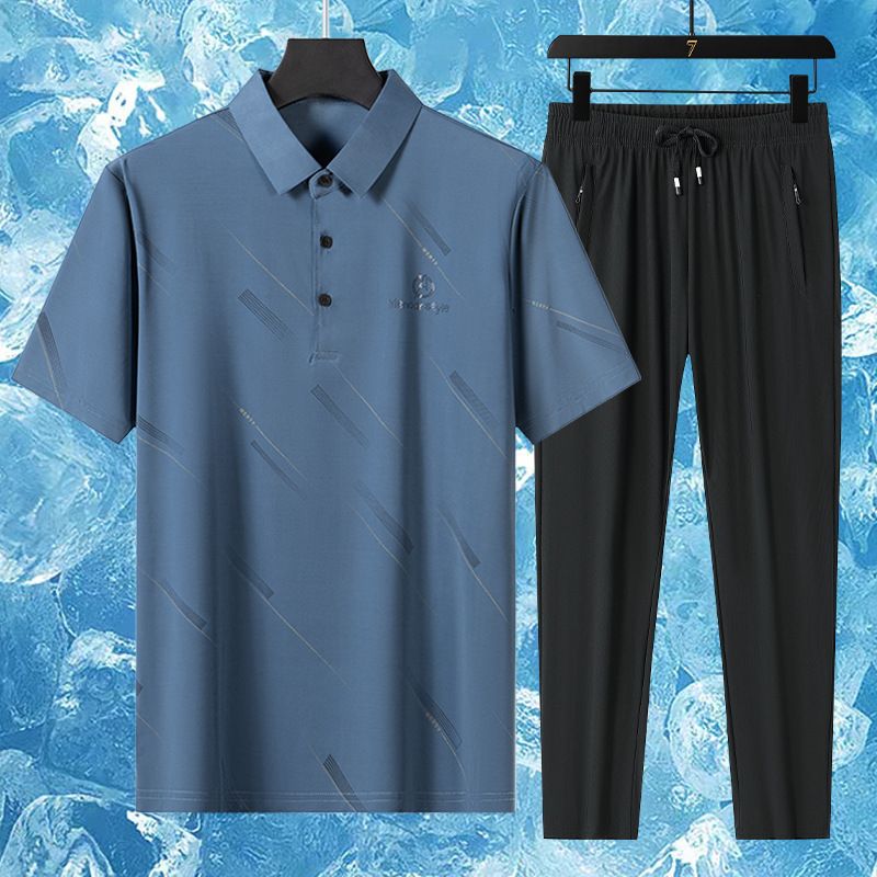 CT Hochwertiges Dad Ice Silk Set Kurzarm-T-Shirt mittleren Alters für ältere Herren, Freizeitkleidung für den Sommer_voghion.com