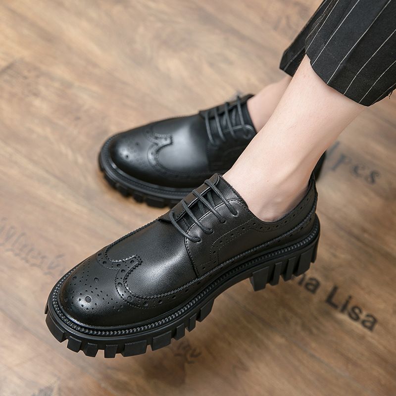 Suitable For All Seasons .Korean Style Thick-Soled Size 38-45 Trendy Large-Toe Work Men's Low-Top Brogue Carved Leather Shoes_voghion.com