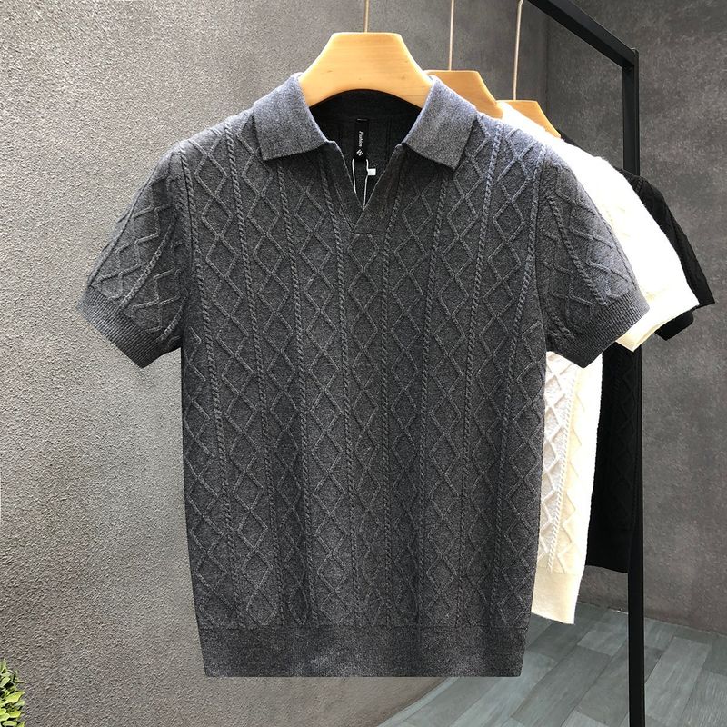 HerrenbekleidungKurzarmpullover Strukturiertes Poloshirt für Herren Revers V-Ausschnitt Slim Fit Business-T-Shirt_voghion.com