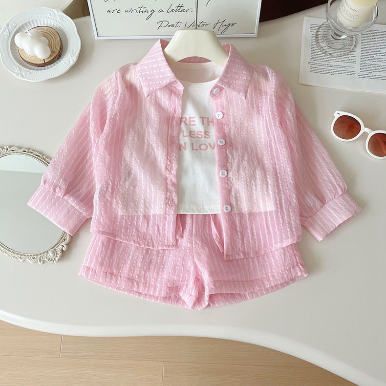 Abbigliamento per bambini, completo estivo da bambina, stile nuovo, alla moda, a righe verticali, a maniche lunghe, con protezione solare, pantaloncini, completo da tre pezzi_voghion.com