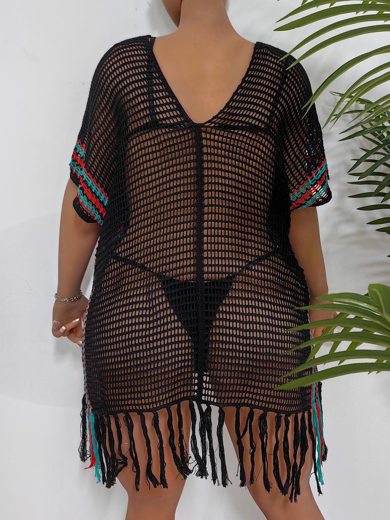 Chemisier de vacances pour femmes, grande taille, rayé, coutures contrastées, robe de plage, bikini, vêtements d'extérieur_voghion.com