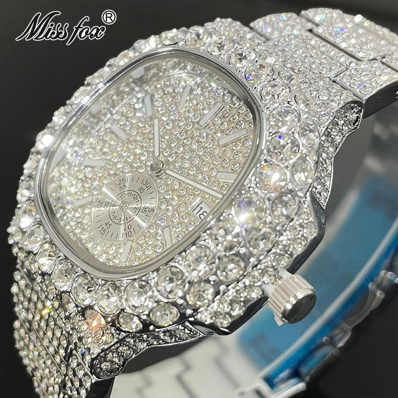 MISSFOX Ceasuri Bărbați Automatic Data Fashion Hip Hop Iced Diamond Bling Waterproof Gold Quartz Wrist Watch Mans Reloj 2023_voghion.com