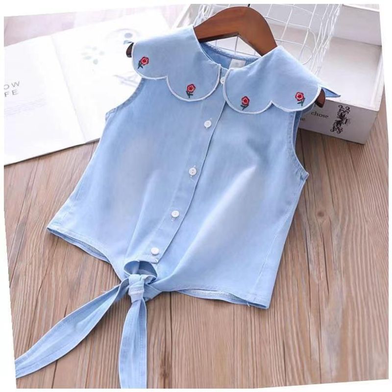 Set due pezzi con top in denim con risvolto ricamato e gonna in rete da principessa per ragazze_voghion.com