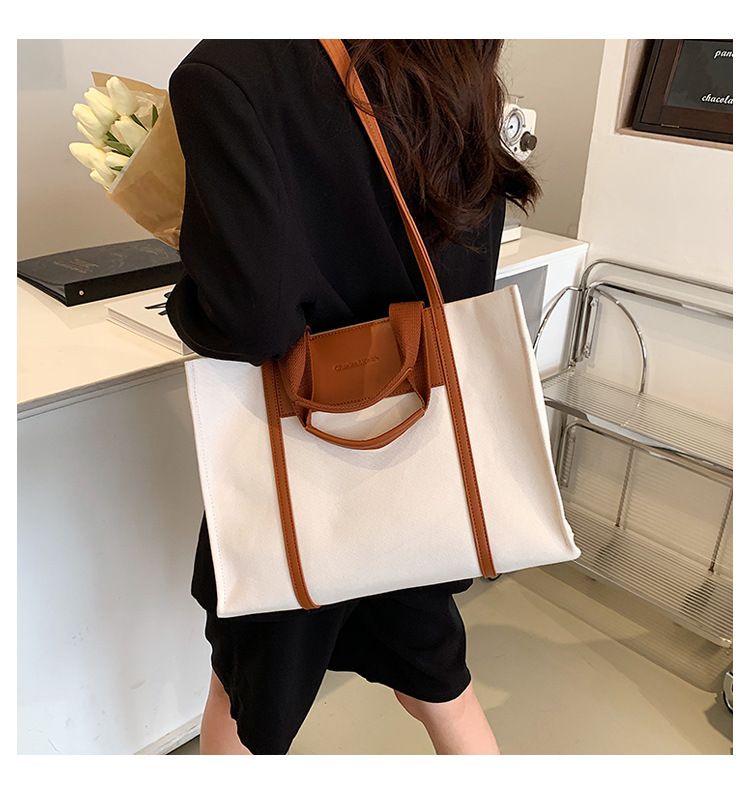 Borse tote da donna, semplici borse tote da donna con colori di tela a contrasto e tracolla singola di grande capacità._voghion.com