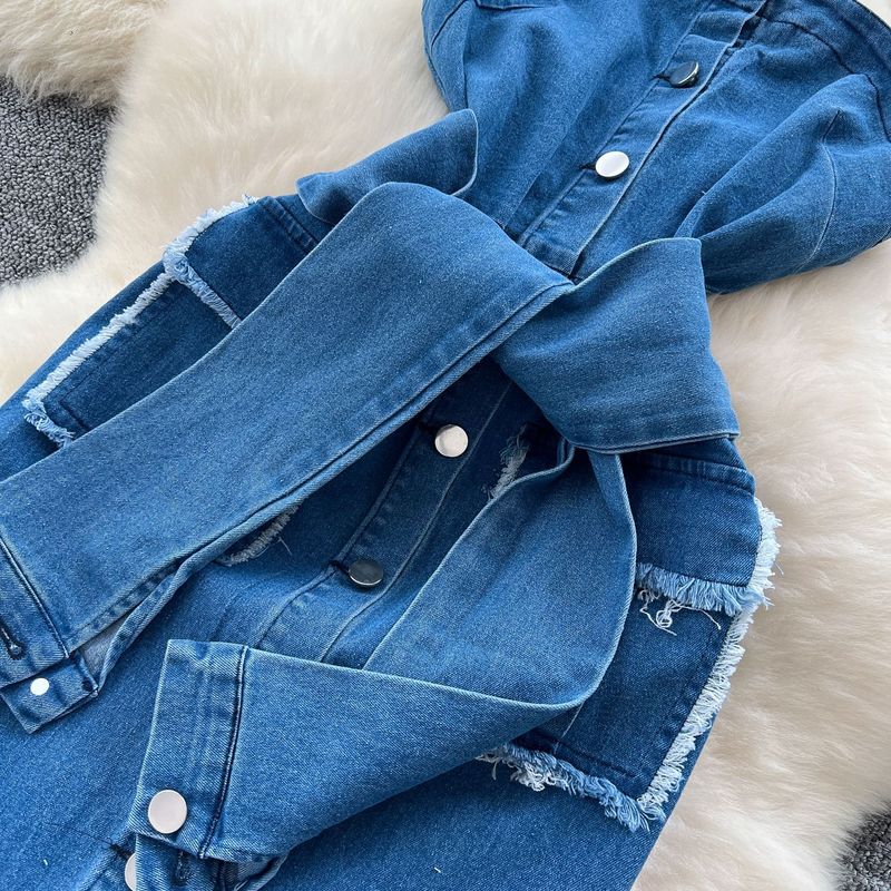 Abito da donna retrò, senza maniche, con cinturino, vita e orlo grezzo, in denim, monopetto, aderente, con gonna lunga_voghion.com