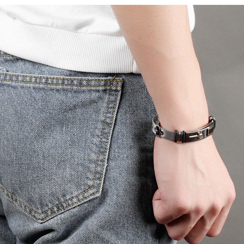 Herrenschmuck Titanstahl Mesh Armband Kreuz Herrenarmband_voghion.com