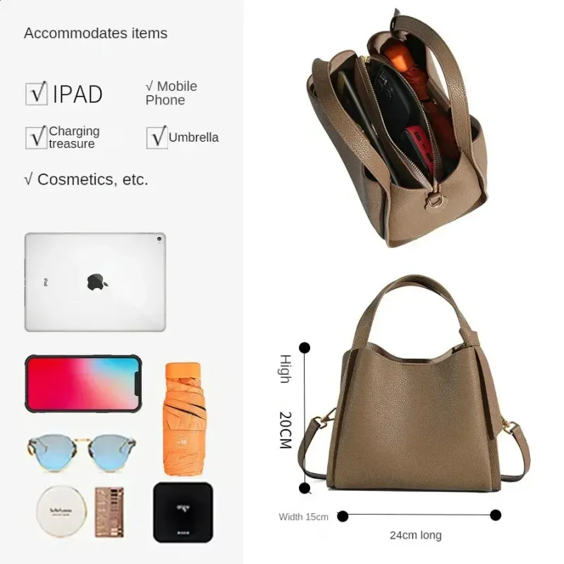 Lychee Pattern Leather Simple Vegetable Basket Handbag Womens Denim Portable Bucket Shoulder Bag 240827_voghion.com