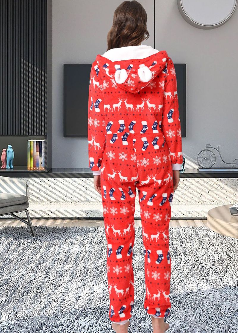 women's Christmas deer snowflake flannel hooded jumpsuit pajamas home clothes_voghion.com