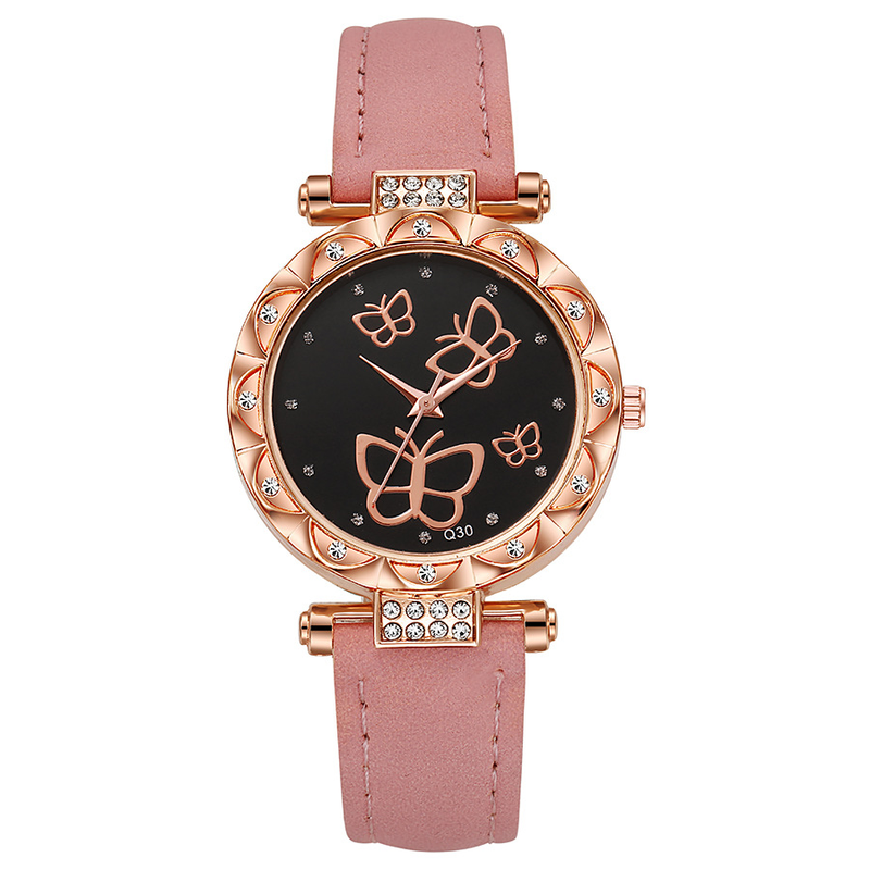 Diamond petal case temperament butterfly pattern frosted belt women's quartz watch_voghion.com
