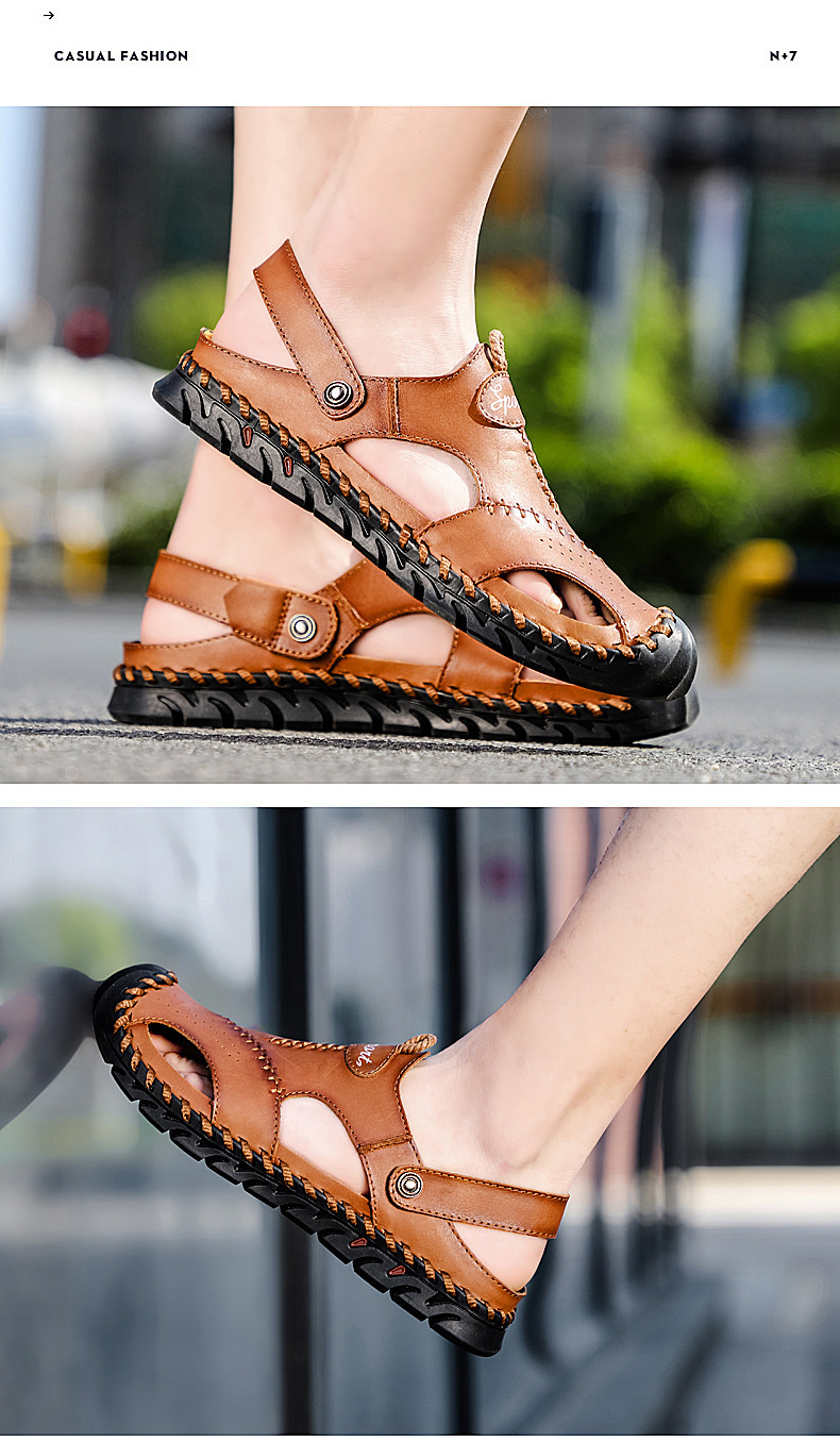 Store strandsko med dobbelt formål, pustende, uformelle hule skinnsandaler med to lag, kuskinn, herresko_voghion.com