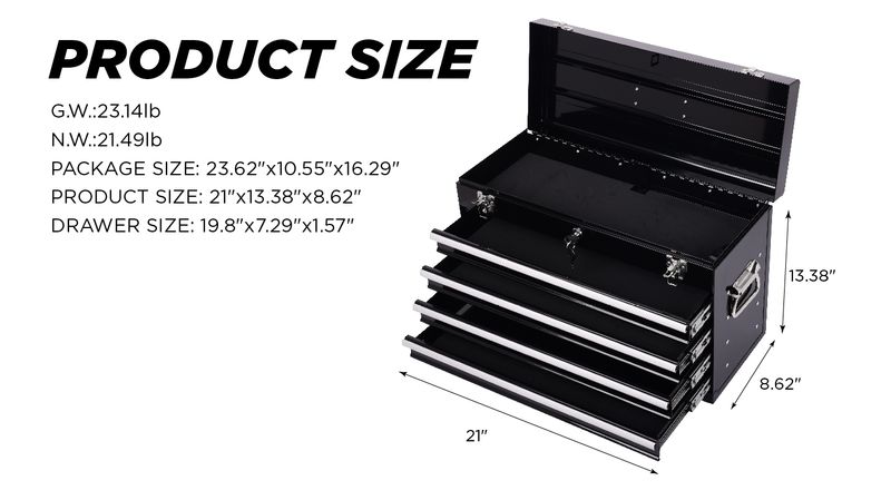 Heavy Duty Metal Tool Box, 21-inch, Portable Metal Tool Box With 4 Drawers, Small Tool Chest With EVA Liners, Ball Bearing Slide Drawers Locking & Powder Coated Finish, Multi-Function Tool Organizer_voghion.com