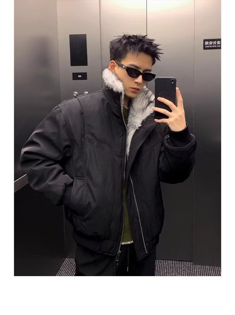 Herbstliche amerikanische Fliegerjacke mit Bergadler-Pelzkragen, gefüttert mit Baumwolle, Winterjacke mit dicker Verarbeitung_voghion.com