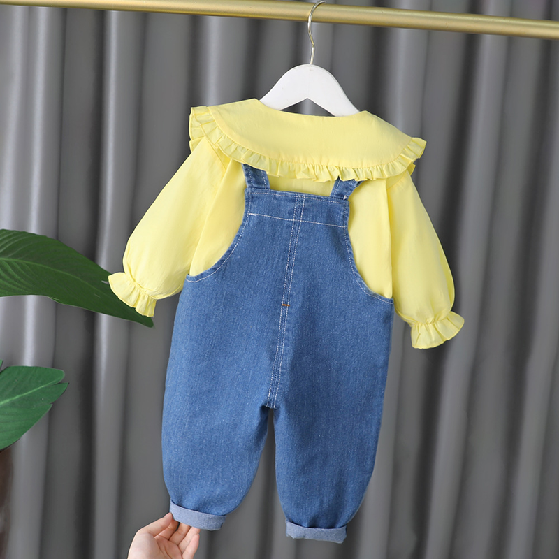 Piger-babyseler forår og efterårskjole Langærmet dukkekravebluse til piger i todelt modesæt_voghion.com