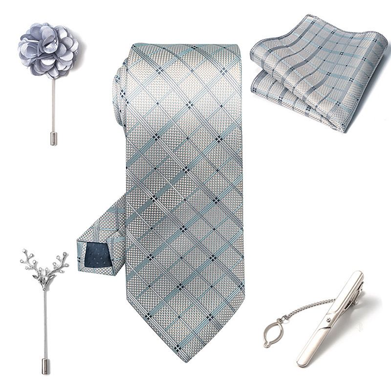 Set da uomo alla moda in tinta unita a righe con anacardi, confezione regalo da 6 pezzi, set con corsetto con fermacravatta e sciarpa quadrata_voghion.com