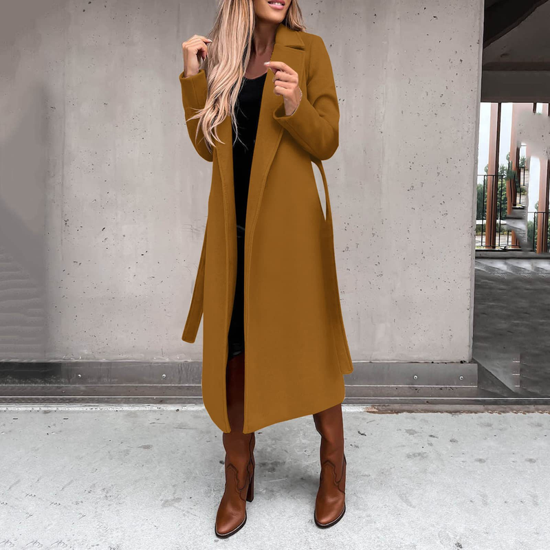 Autumn and winter women's solid color lapel long-sleeved woolen jacket simple strappy windbreaker_voghion.com
