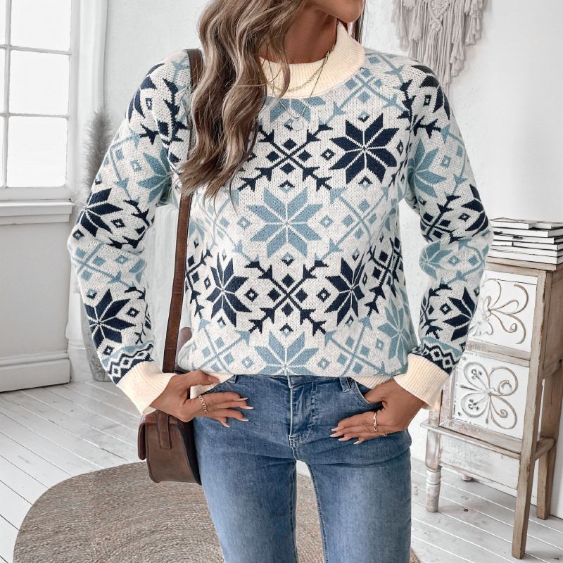 European Goods 2025 New Autumn Winter Cross-Border Retro Nordic Style Long Sleeve Round Neck Snowflake Geometric_voghion.com
