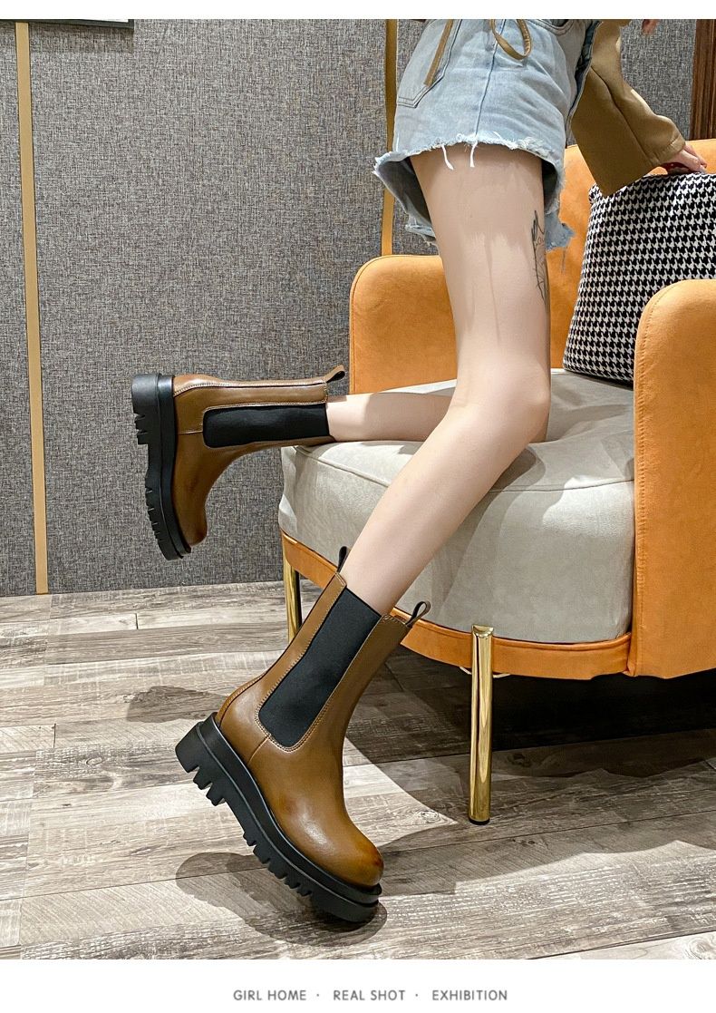 Voyage Mona2024 New Style Chimney Women, Autumn And Winter Thick-Soled Mid-Calf Short Boots, Martin Boots For Women_voghion.com