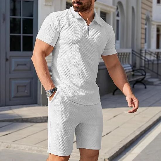 CT Men's Summer Outfit Jacquard Polo Shirt With Turn-down Collar And Shorts Casual Two-piece Set_voghion.com