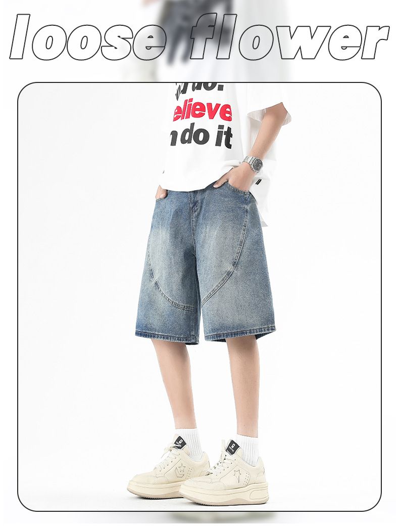 Herrenbekleidung Denim Beach Shorts Sommer Trendy Loose Semi Elastic Stitching Shorts_voghion.com