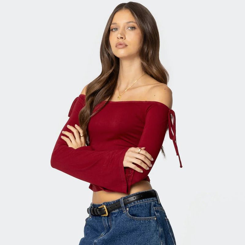 Q24TP650 Women's Autumn/Winter One Word Collar Bow Tie Shrink Fold Short Open Umbilical Top T-shirt_voghion.com