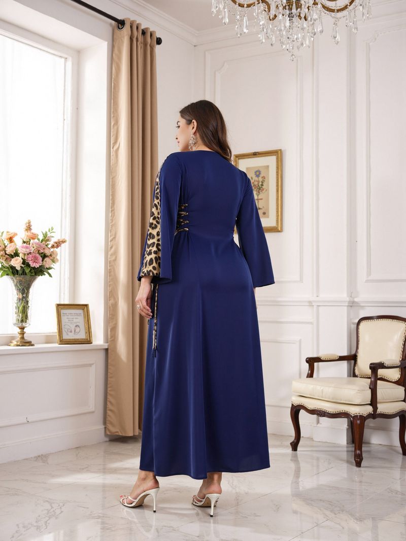 Elegante abito abaya musulmano da donna con finiture leopardate – Abito lungo a maniche lunghe e sobrio per donna, taglie forti 0XL-5XL_voghion.com