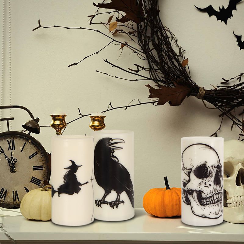 Gruseliges Halloween LED-Kerzen-Set – 3-teilige flammenlose Flackerkerzen mit Totenkopf-, Raben- und Spinnen-Motiven_voghion.com