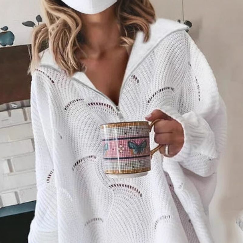 Maglione lavorato a maglia casual tinta unita con cerniera e scollo a V a maniche lunghe, autunno e inverno 2025, per le donne_voghion.com