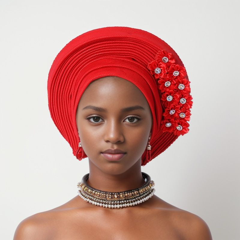 Elegante copricapo a strati in pizzo decorato per matrimoni e feste - Fascia per la testa in gele regolabile in più colori Cappello Baotou Aoto Gele_voghion.com