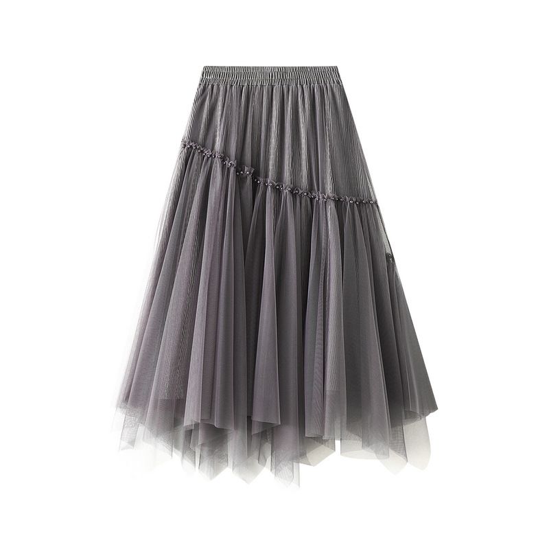 Gonna a rete di media lunghezza, tinta unita, versatile, snellente, con perline, elastica in vita, alla moda, autunno 2025, 0890_voghion.com