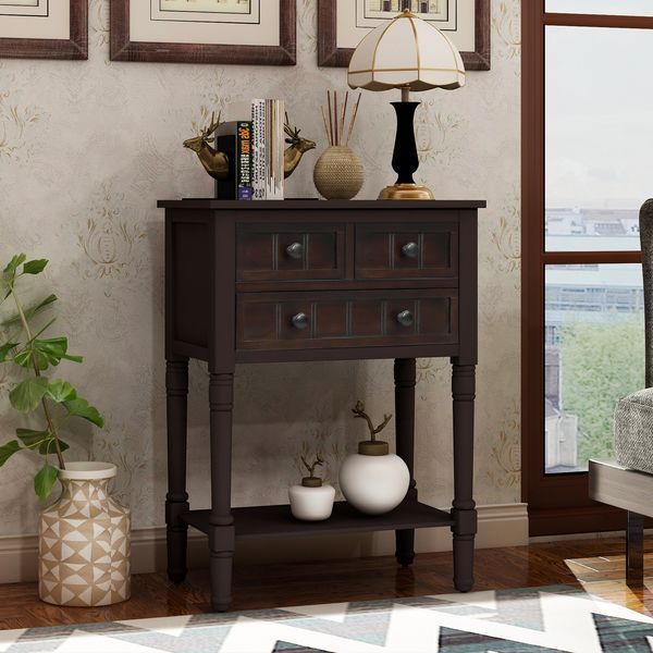 Narrow Console Table, Slim Sofa Table With Three Storage Drawers And Bottom Shelf For Living Room, Easy Assembly_voghion.com