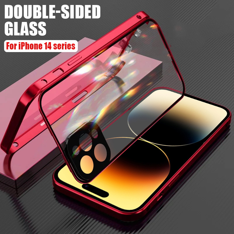 Funda de vidrio de doble cara con protección completa de 360 ° para iPhone 14, 13, 12 Pro Max, hebilla deslizante, parachoques de Metal de aleación de aluminio_voghion.com