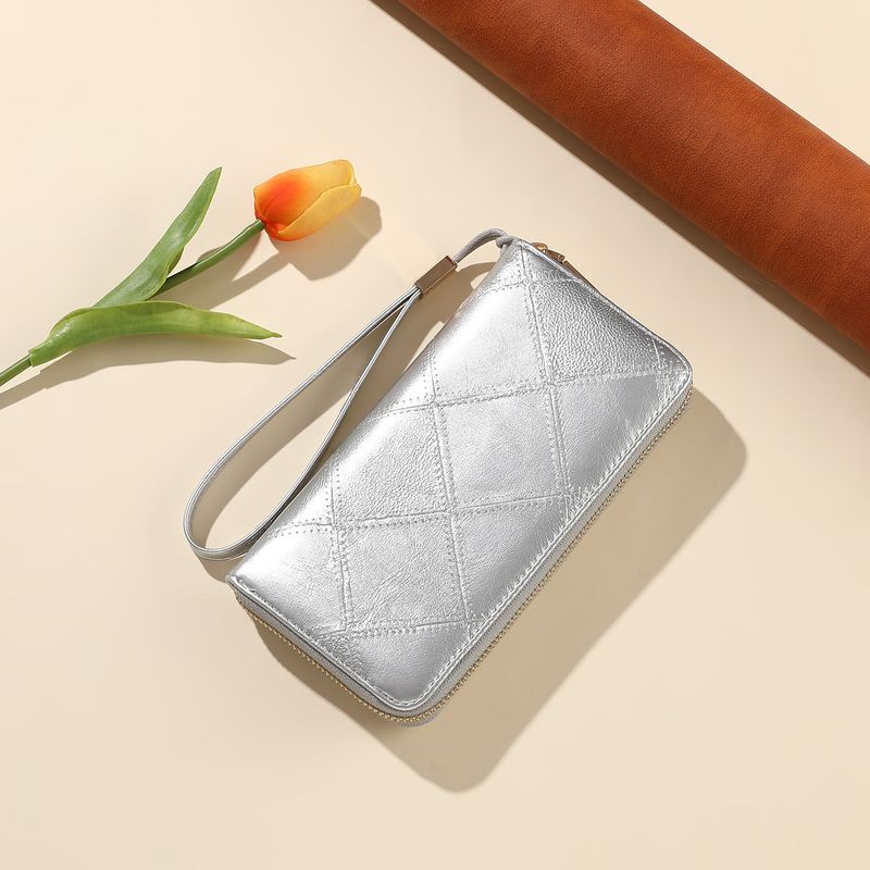 Portafoglio lungo da donna classico con diamanti a quadri, semplice portamonete alla moda, in pelle PU con cerniera_voghion.com