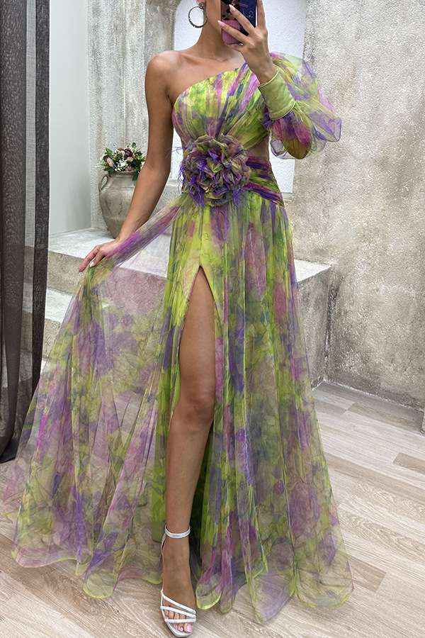 Abbigliamento da donna Abito da festa in rete con spalle diagonali INS Abito casual alla moda_voghion.com