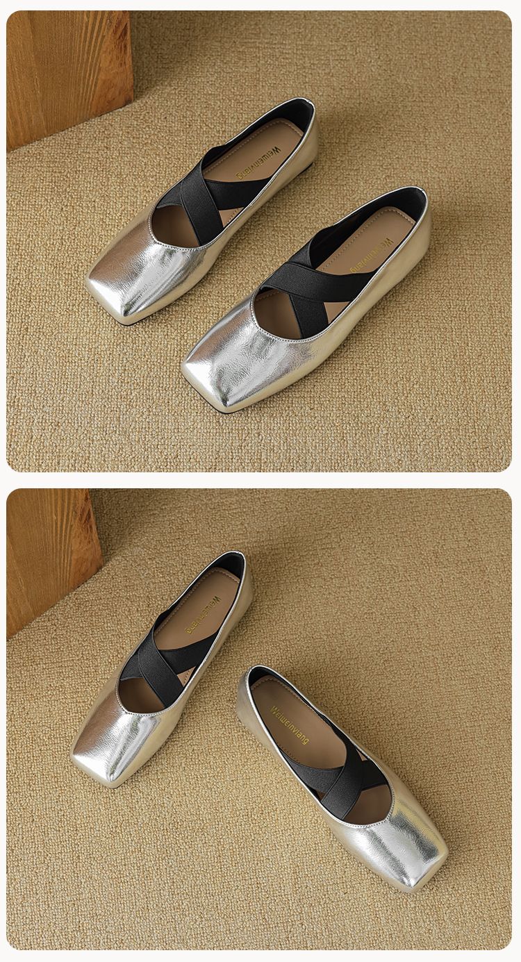 Silver Ballet Shoes Women's Light Mouth Vintage Cross Strap Square Head Single Shoes Women's Soft Sole_voghion.com
