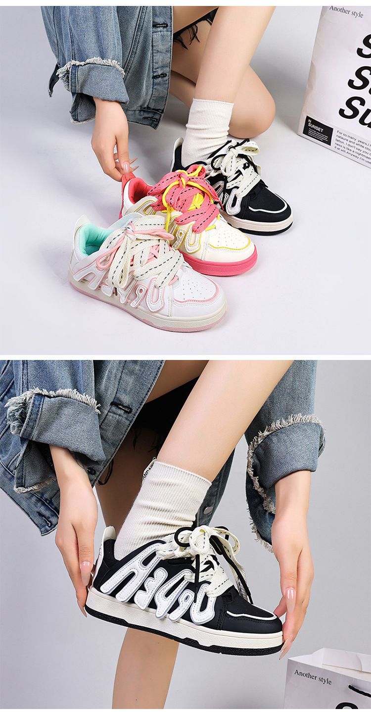 2023 New Low-top Thick-soled Sneakers Women's Casual Double Laces Bread Shoes street photography trend color matching letter sports shoes_voghion.com