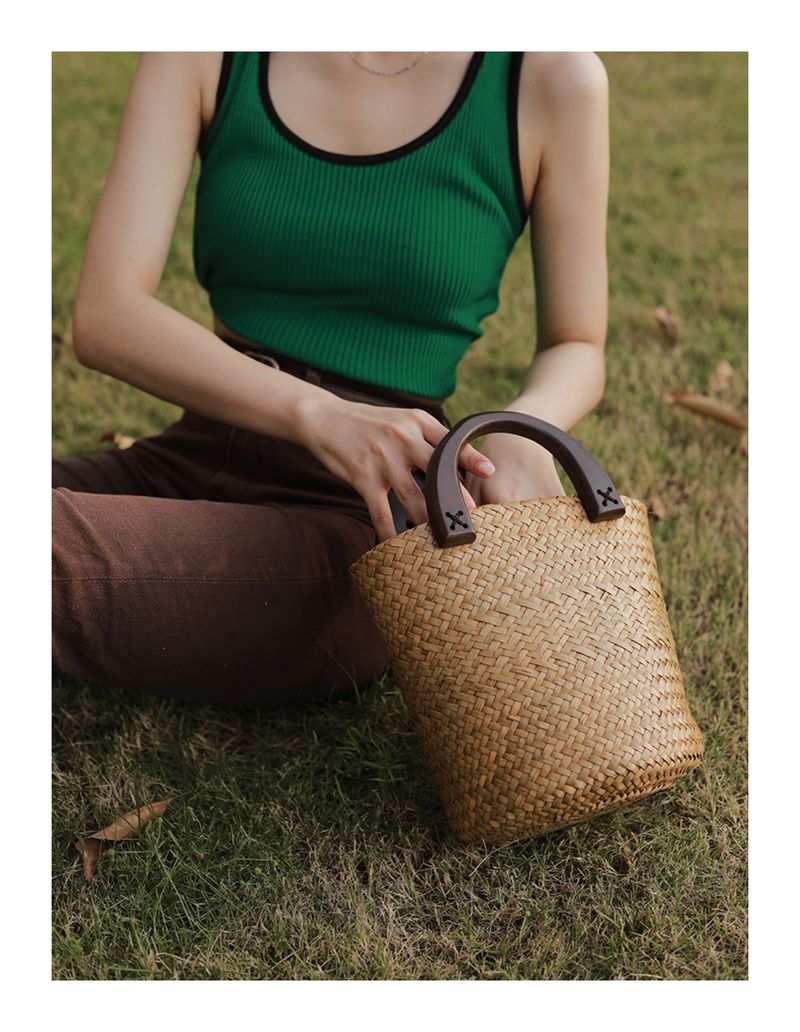 Plážová taška Vine Thai Grass, francouzská tkaná, kabelka, dřevěná rukojeť, velkokapacitní dámská taška_voghion.com
