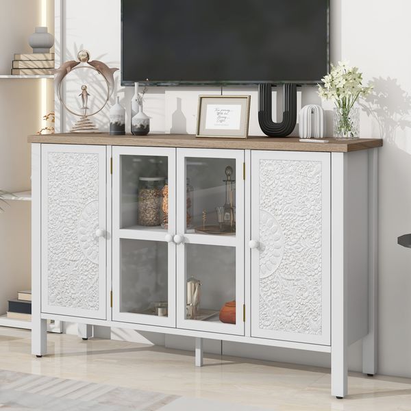 U-Can 47.2'' Retro TV Stand For TVs Up To 43 Inches, Entertainment Center Media Console Cabinet With 3 Spacious Cabinets, Glass Cabinet Doors And An_voghion.com