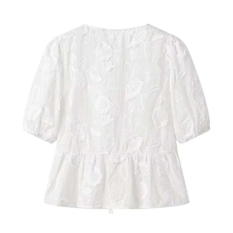 Camicia da donna Verve, nuova moda estiva 2025, versatile, con scollo rotondo, maniche a sbuffo, annodata sul davanti, pesante ricamo_voghion.com