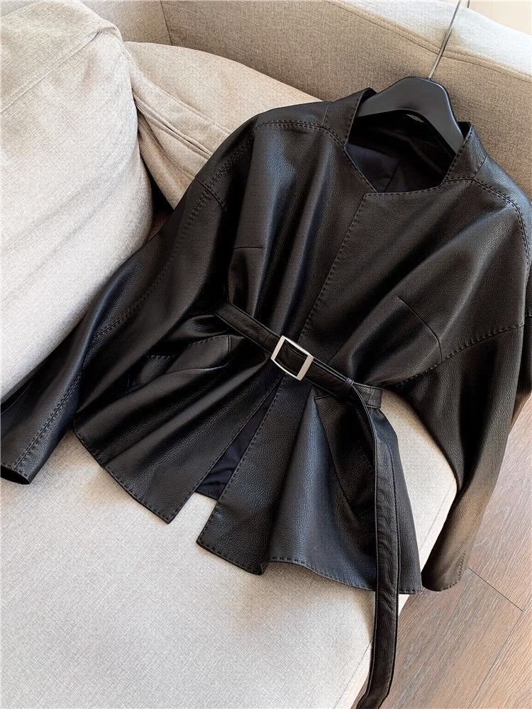 Women's Clothing retro leather jacket short fashion spring and autumn leather jacket small size slim and stylish Outerwear_voghion.com