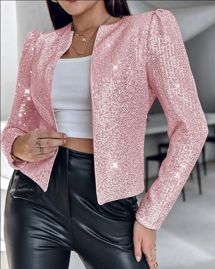 Women's Clothing fashion round neck color matching sequins short casual versatile small suit jacket_voghion.com