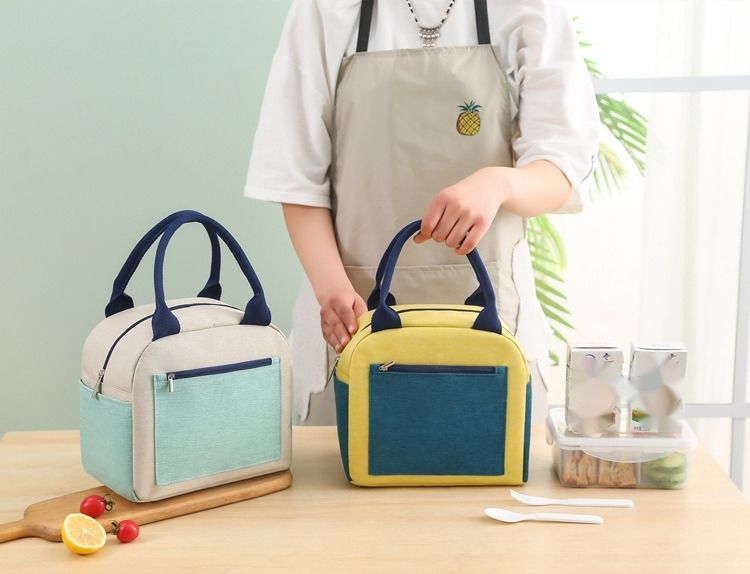 Bolsa Bento Color Blocked Bolsa Isolada Lancheira Catiônica Bolsa de Mão com Folha de Arroz Lancheira Impermeável Espessada Bolsa de Almoço_voghion.com