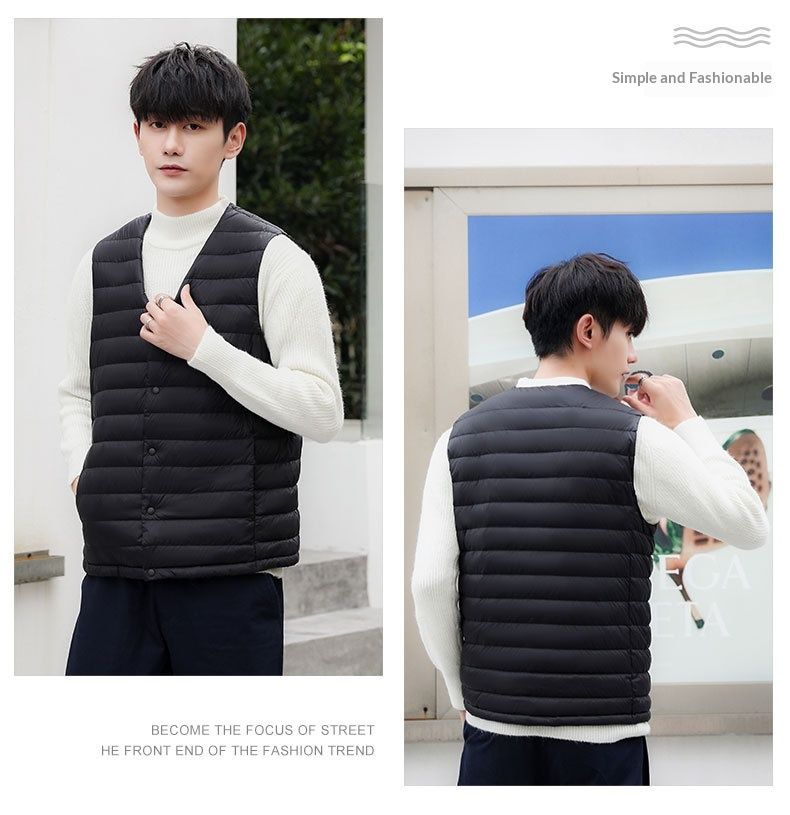 Gilet sans manches léger en duvet pour homme Cove Wholesale, gilet d'extérieur, grandes tailles, sans col, col rond, court, ultra-fin_voghion.com
