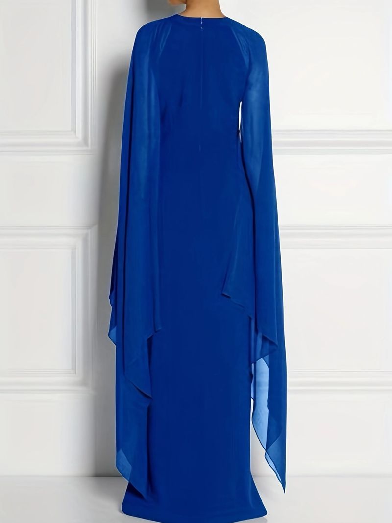 Elegant Plus Size Long Evening Dress With Slit & Batwing Sleeves - Stretchy Polyester Formal Gown For Women (Red, Blue, Black, 1XL-4XL)_voghion.com