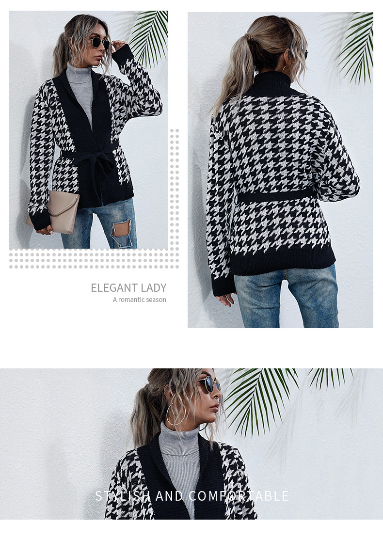 Europäesch an amerikanesch laangärmlech Pulloverjackett am Pied-de-poule-Stil fir Fraen_voghion.com
